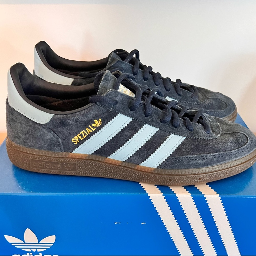 Adidas Handball Spezial Sneaker, Navy Suede w/ Light Blue & Gold, M 8.5/W 9.5
